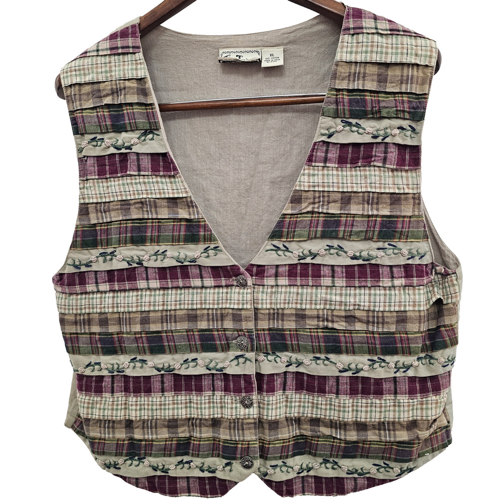 Vtg TanTrums Womens Vest XL Embroidered Patchwork Plaid Cottage 90s Granola